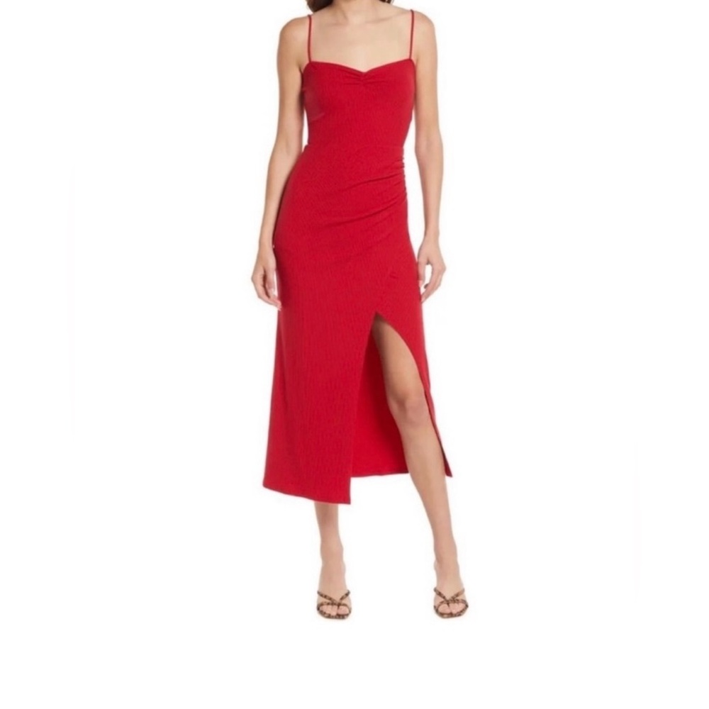 Reformation Formosa Ruched Ribbed Stretch Midi Red Dress